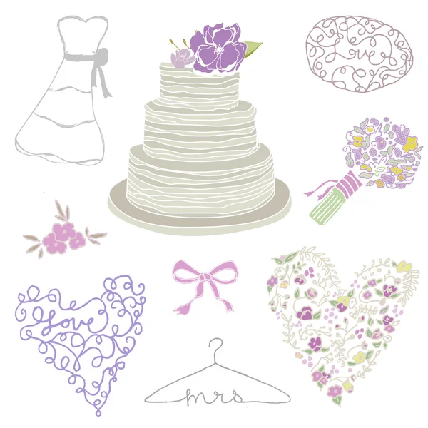 Collezione di elementi da sposa disegnati a mano torta nuziale e matrimonio — Foto Stock