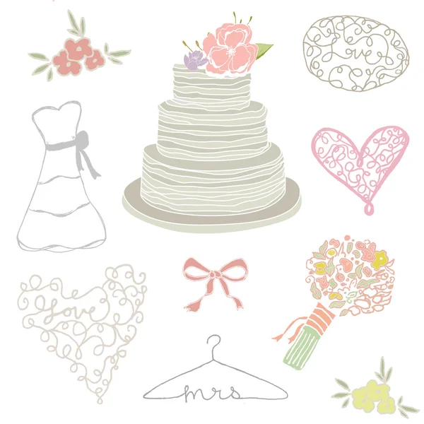 手绘婚礼蛋糕和婚礼元素的集合 — 图库照片