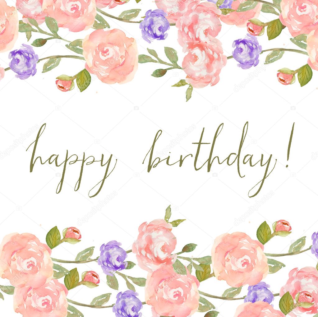 Watercolor Flower Background With Happy Birthday Calligraphy