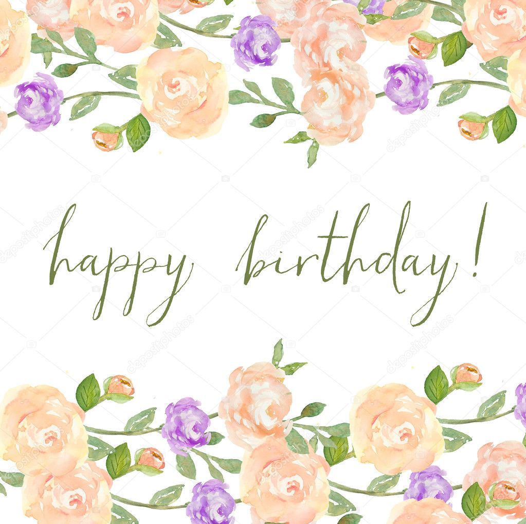 Watercolor Flower Background With Happy Birthday Calligraphy