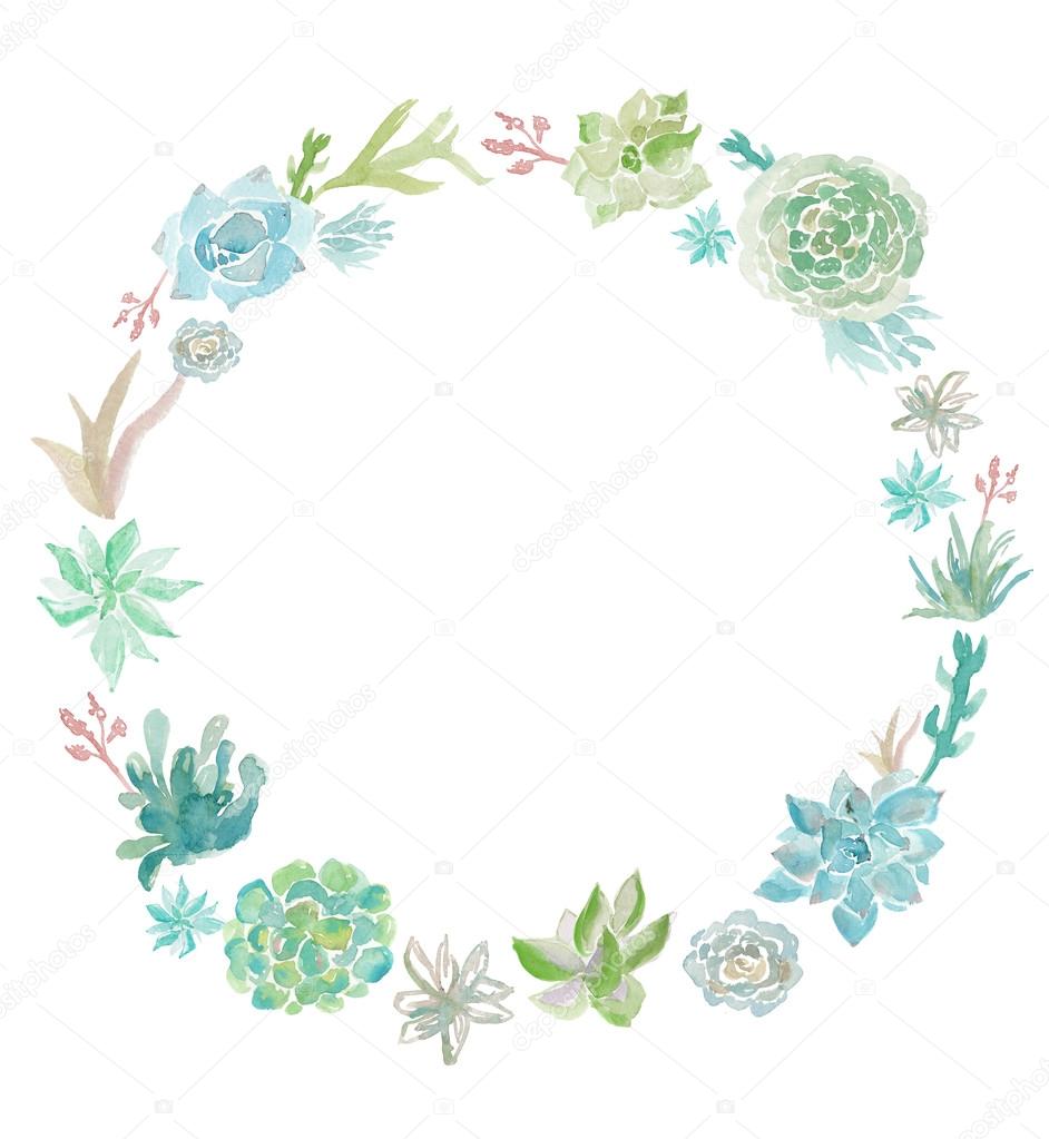Watercolor Succulent Plant Wreath. Round Succulent Wreath