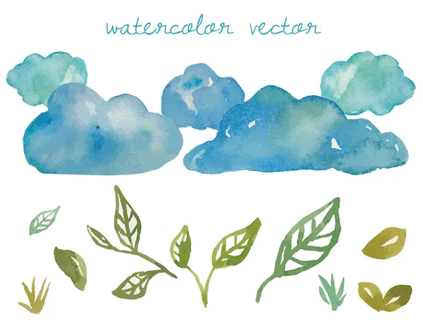 Akvarel mraky a akvarel listy — Stockový vektor