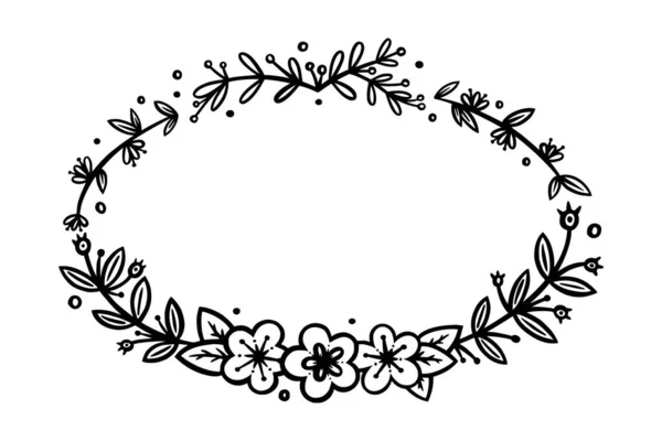 Corona ovalada de flores para invitaciones y decoración de viajes de bala. Divisor de corona ovalada o marco. Ilustración vectorial de Doodle — Vector de stock