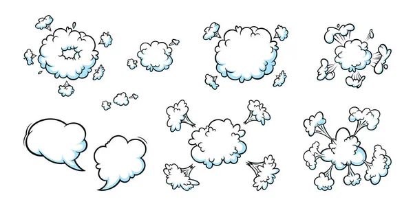 Effet de fumée comique explosion. Ensemble de nuages de boom et bulles vocales pour des événements surprenants et explosifs. Illusion vectorielle — Image vectorielle