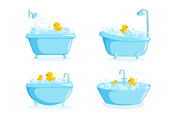Badewanne mit Wasserhahn und Dusche. Set von verschiedenen Wannen mit Gummi-Enten, Blasen und Schweiß isoliert auf weißem Hintergrund. Vektorillustration — Stockvektor