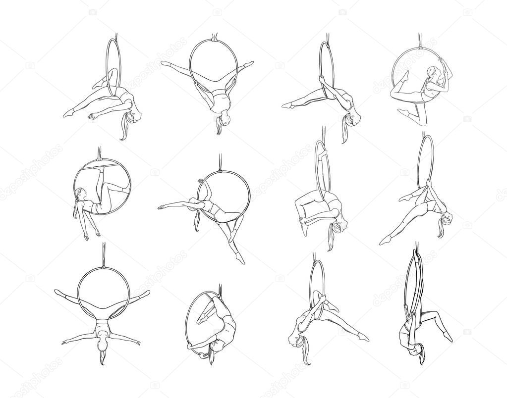 Circus woman acrobat in the aerial ring. Lyra woman gymnast set isolated in white background. Sketch vector illustration