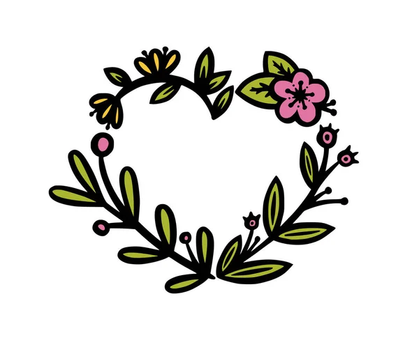 Květinový věnec pro pozvánky a kulkové deníky dekorace. dělič věnce ve tvaru srdce nebo rám. Doodle vektorová ilustrace — Stockový vektor