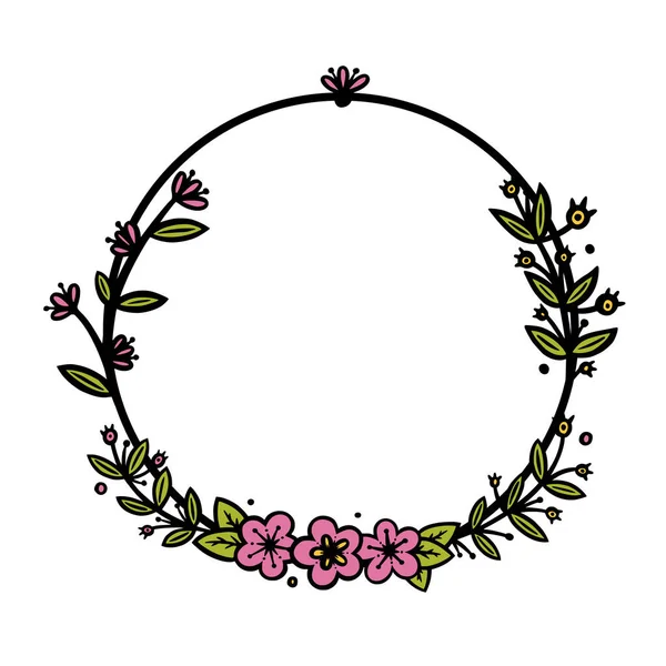 Vintage věnec dělič s ručně kreslenými květinami. Kruh čmáranice s barevnými listy a květinami. Doodle vektorová ilustrace — Stockový vektor