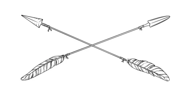 Strzała z plemiennymi piórami. Dekoracyjne boho indyjskie groty i pióra. Rdzenny szkic tatuażu azteckiego lub hipsterskiego — Wektor stockowy