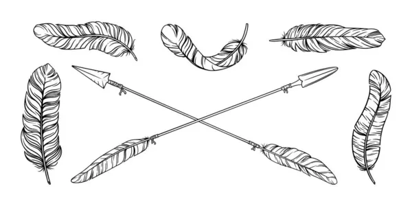 Стрела с племенными перьями. Декоративные индийские наконечники стрел и перья. Эскиз татуировки ацтеков или хипстеров — стоковый вектор