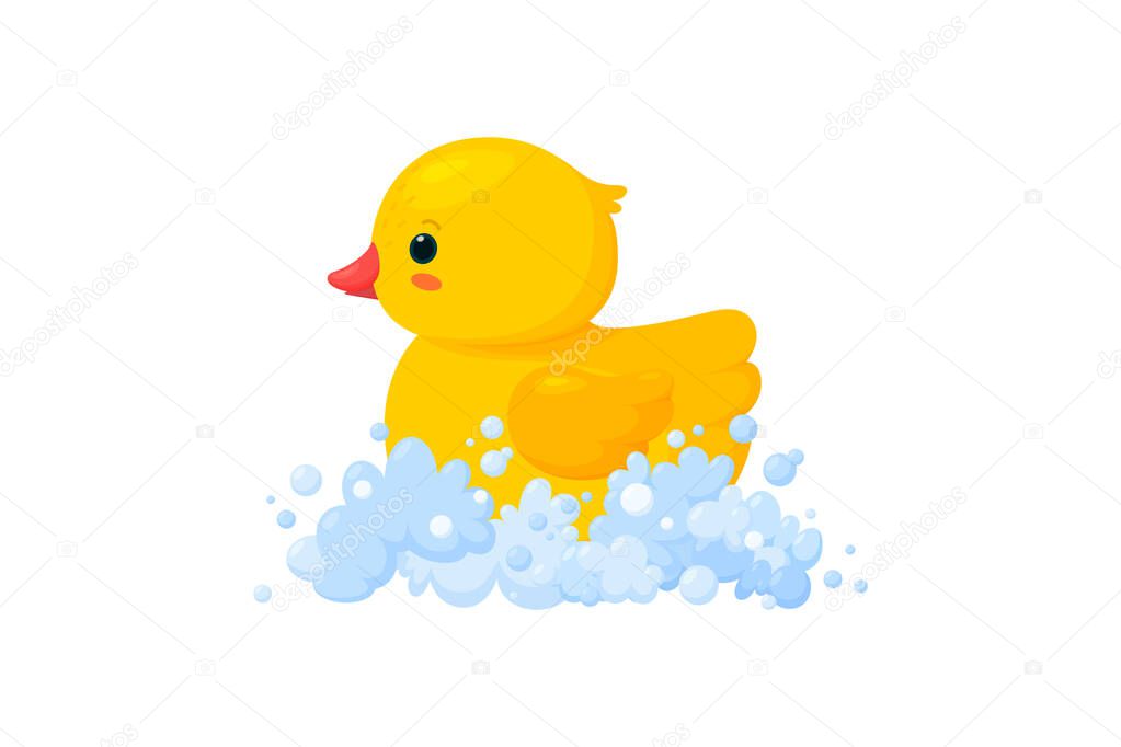 Rubber duck in soap foam isolated in white background. Side view of yellow plastic duckling toy in suds. Vector illustration in cartoon style