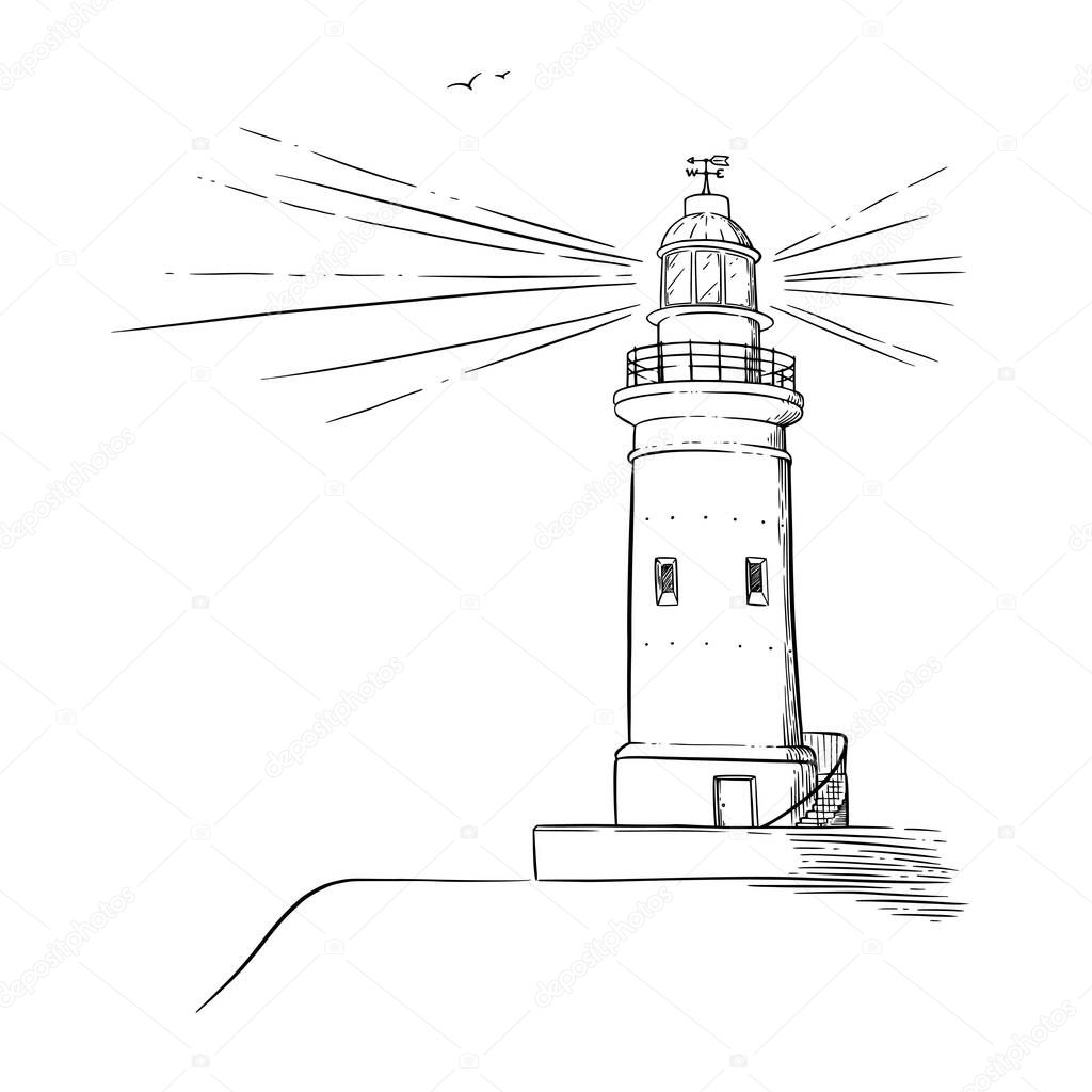 Lighthouse sketch. Beacon with a light beam. Vector illustration