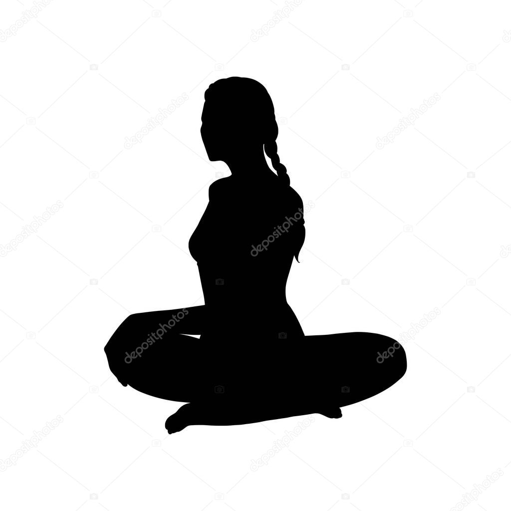 Yoga Easy Seated Twist performed by woman. Spine twisted asana. Vector illustartion