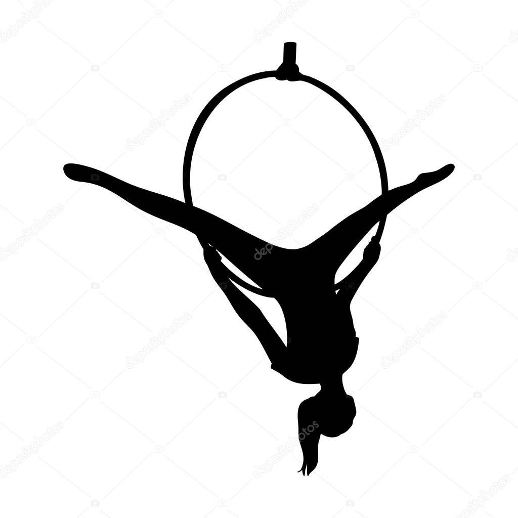 Aerial female gymnast silhouette in hoop. Aerial gymnastics stunt. Vector illustration
