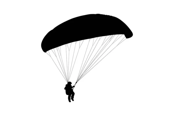 Silhouette da uomo parapendio. Ala parapendio e imbracatura per voli in cielo. Illustrazione vettoriale monocromatica — Vettoriale Stock