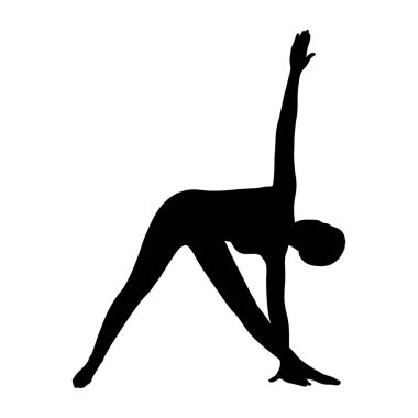 Üçgen yoga pozunda bir kadın silueti. Trikonasana Hatha yogasında poz veriyor. Vektör illüstrasyonu
