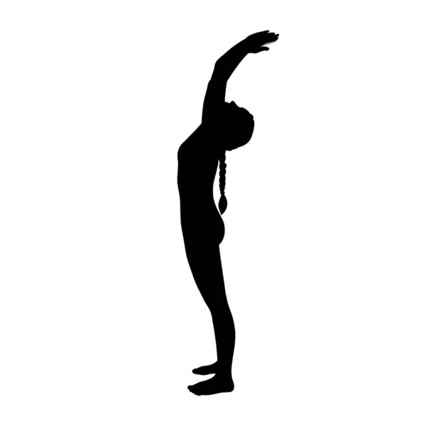 Sonne grüßende Yogi-Frau Silhouette. Hatha Yoga Rückenbeugehaltung. Vektorillustration — Stockvektor