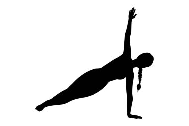 Yan tahtada duran kadın silueti. Vasisthasana 'daki Yogi kadın. Vektör illüstrasyonu