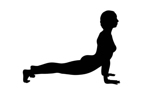Поза кобры йоги или бхуджангасана. Женский силуэт практикующий сильную позу йоги. Векторная иллюстрация — стоковый вектор