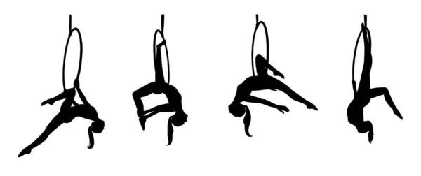 Aerial silhouette ginnasta femminile nel cerchio. Stunt di ginnastica aerea. Illustrazione vettoriale — Vettoriale Stock