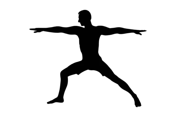 Воин йоги Асана или Вирабхадрасана I. Мужской силуэт практикует йогу асана. Векторная иллюстрация — стоковый вектор