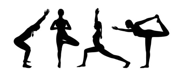 Yoga asana set. Набор женских силуэтов, занимающихся йогой. Векторная иллюстрация Лицензионные Стоковые Иллюстрации