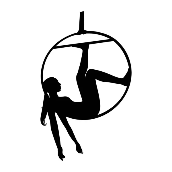 Silhueta ginasta feminina aérea em arco. Acrobacia de ginástica aérea. Ilustração vetorial — Vetor de Stock