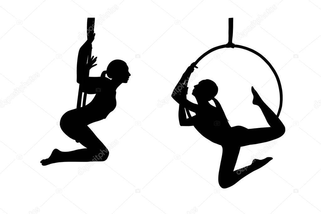 Aerial female gymnast silhouette in hoop. Aerial gymnastics stunt. Vector illustration
