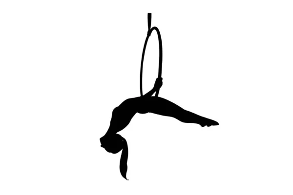 Vrouwelijke gymnast silhouet in hoepel. Een luchtgymnastiekstunt. Vectorillustratie — Stockvector