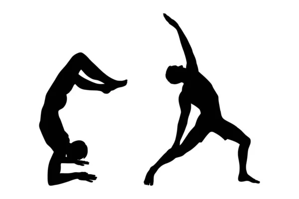 Yoga vreedzame krijger asana en handstand schorpioen pose. Een man die yoga asana beoefent. Vectorillustratie — Stockvector