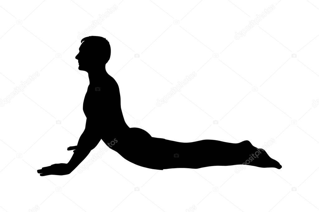 Yoga cobra pose or bhujangasana. Man silhouette practicing strengthing yoga pose. Vector illustration