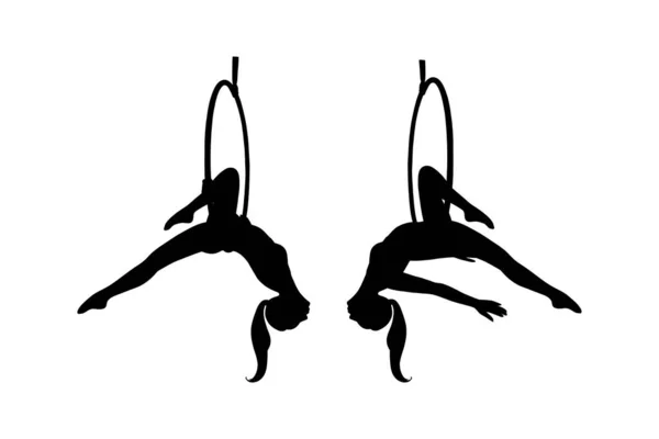 Vzdušná silueta gymnastky v obručí. Letecký gymnastický kousek. Vektorová ilustrace — Stockový vektor