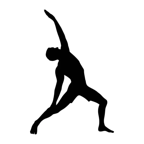 Yoga vredelievende krijger Asana. Een silhouet van een man die yoga asana beoefent. Gegraveerde vectorillustratie geïsoleerd in witte achtergrond — Stockvector