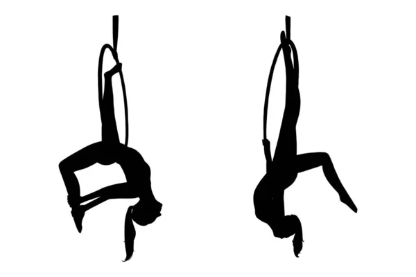 Silueta de gimnasta femenina aérea en aro. Truco de gimnasia aérea. Ilustración vectorial — Vector de stock