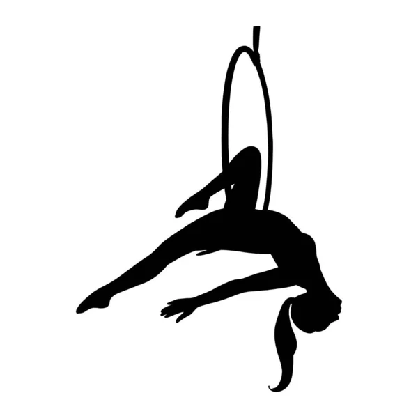 Silhueta ginasta feminina aérea em arco. Acrobacia de ginástica aérea. Ilustração vetorial — Vetor de Stock