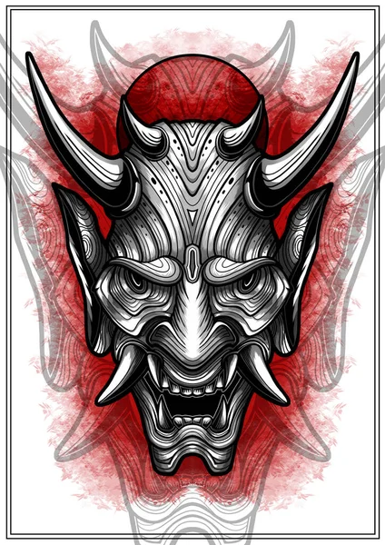 Metal mask of a grinning demon with big fangs and horns, a close-up monochrome portrait of the devil with sharp ears and an open mouth, a scary face with a wide nose and a grin on a red background.