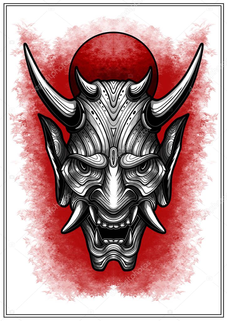 Metal mask of a grinning demon with big fangs and horns, a close-up graphic portrait of the devil with sharp ears and an open mouth, a scary face with a wide nose and a grin on a red background.