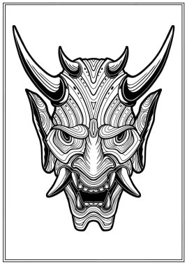 Büyük sivri dişleri ve boynuzları olan sırıtan bir iblisin maskesi, büyük kulakları ve açık ağızlı şeytanın yakın plan grafik portresi, geniş burunlu korkunç bir yüz ve arka plansız bir sırıtış, çizgi sanatı..