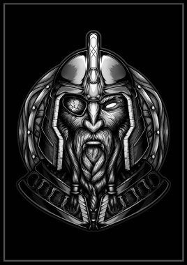 Yuvarlak metal miğfer ve zırhlı kuzeyli bir savaşçının grafiksel portresi, tek gözlü, sakallı ve bıyıklı bir cücenin büstü, arka planda eski bir Viking 'in yüzü..