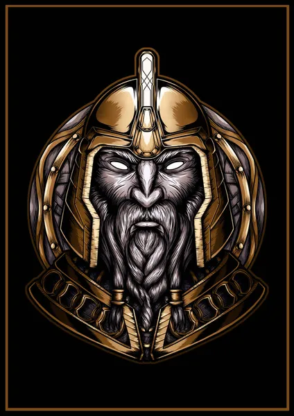 Graphic Portrait Nordic Warrior Gold Armor Background Shield Bust Dwarf — Stock Photo, Image