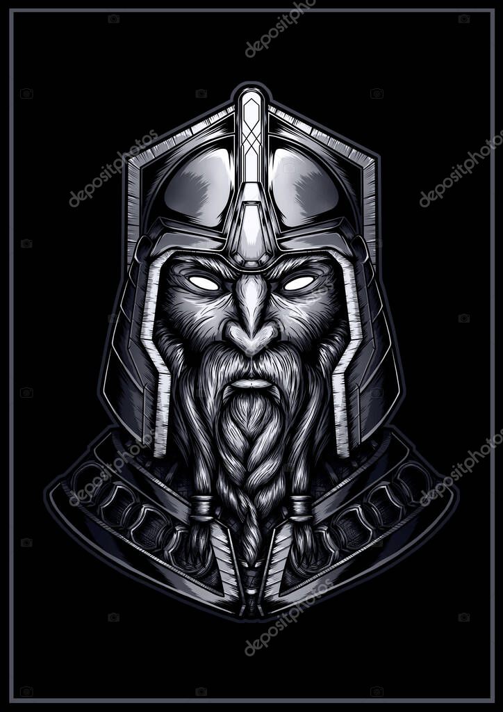 Bust of a Scandinavian warrior in a metal helmet and armor with a braided beard and mustache, a symmetrical graphic portrait of a dwarf without background, the isolated face of an old viking close-up.