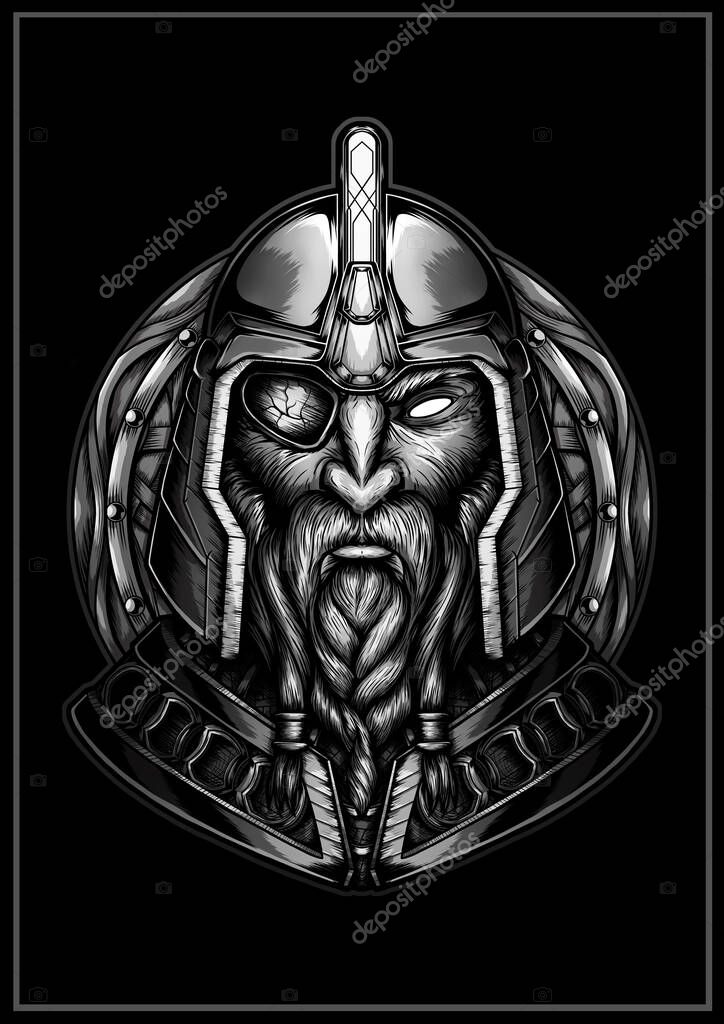 Graphic portrait of a northern warrior in a round metal helmet and armor, a bust of a one-eyed dwarf with a beard and mustache, the face of an old viking close-up on the background of a shield.