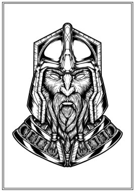 Metal miğfer ve zırhlı, örgülü sakallı ve bıyıklı kuzeyli bir savaşçının büstü. Geçmişi olmayan bir cücenin simetrik grafik portresi. Eski bir Viking 'in izole edilmiş yüzü..