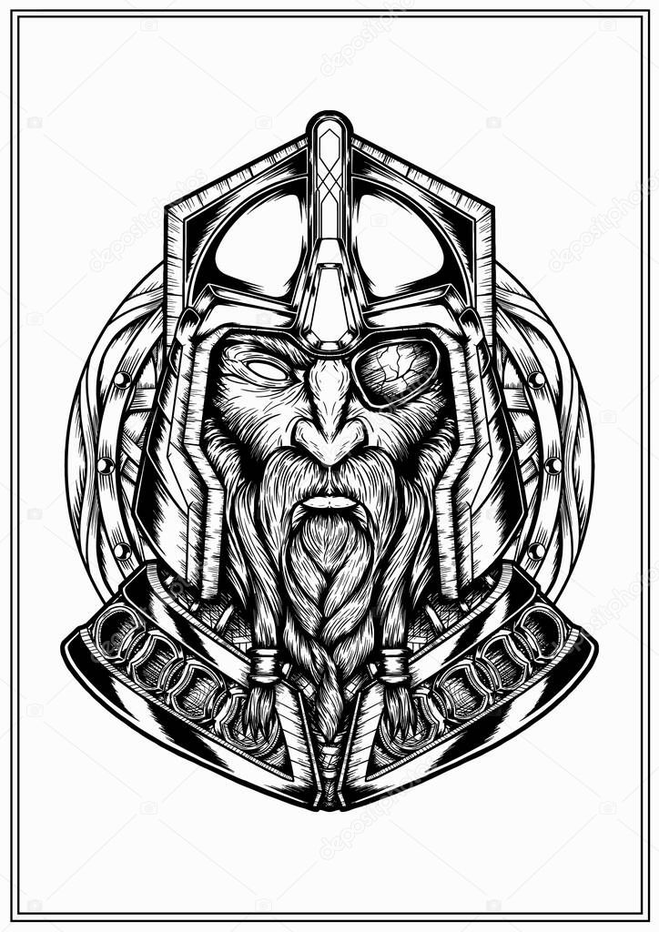 Bust of a nordic warrior in a metal helmet and armor with a braided beard and mustache, a graphic portrait of a one-eyed dwarf on the background of a shield, the face of an old viking close-up.