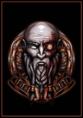 İskandinav tek gözlü karakter, kalın sakallı ve bıyıklı, kel barbarı ensesinde kan olan, zırhlı vahşi bir kuzeyli savaşçının portresi.