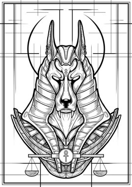 Osiris 'in yargılanmasındaki terazinin koruyucusu, Antik Mısır Tanrısı Anubis' in uzun kulaklı hali. Taçta dişleri ve desenli zırhı olan kara bir çakalın büstü.