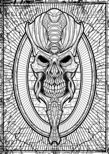 Древний Демон Крупным Планом Большой Короной Змеей Против Плиты Иероглифами — стоковое фото