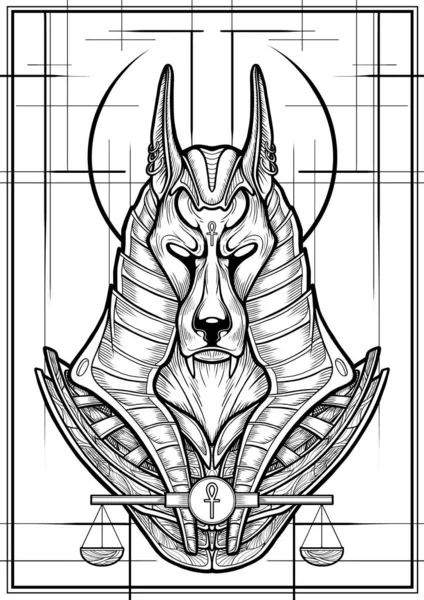 Osiris 'in yargılanmasındaki terazinin koruyucusu, Antik Mısır Tanrısı Anubis' in uzun kulaklı hali. Taçta dişleri ve desenli zırhı olan kara bir çakalın büstü.