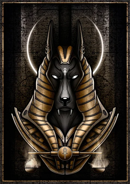 Єгипетський Бог Жакал Зблизька Тлі Кам Яної Плити Тріщинами Ієрогліфами — стокове фото