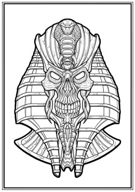 Geçmişi olmayan bir firavunun korkunç simetrik kafatası, büyük bir taç ve yılanla yakın planda antik bir iblis, bir çerçevede Mısır 'ın karanlık hükümdarının grafiksel bir çizimi..